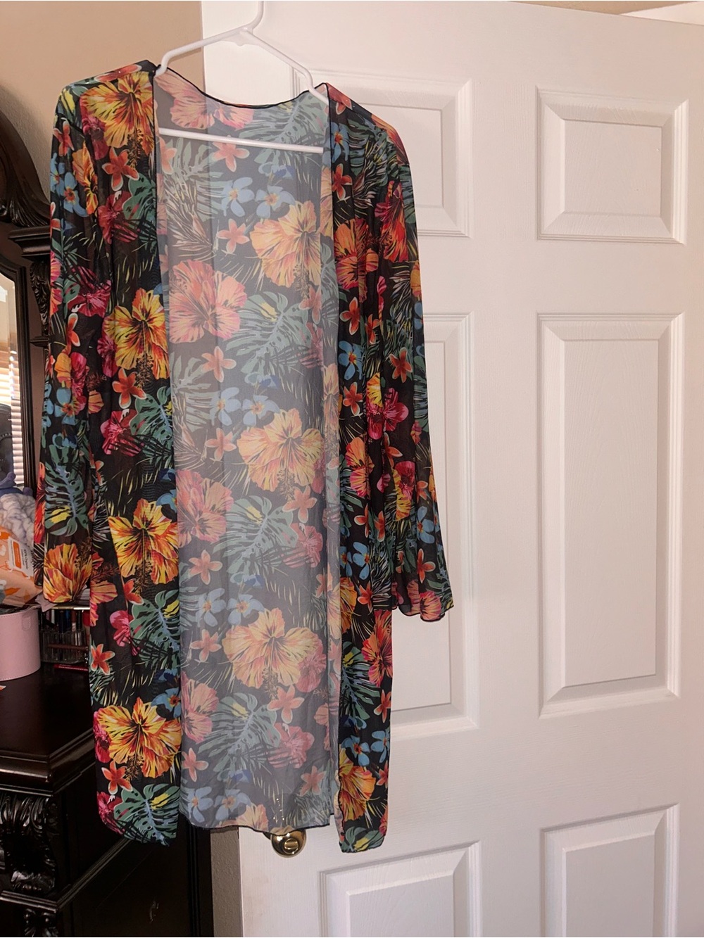 SHEIN Black Floral Mesh Swim Coverup with Yellow & Orange Hibiscus - Picture 2 of 3
